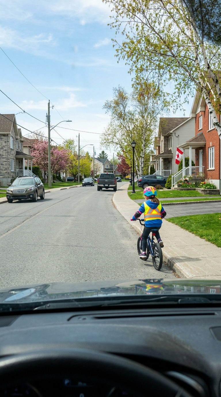 Enfant à vélo sur le trottoir pouvant faire une embardée vers la route