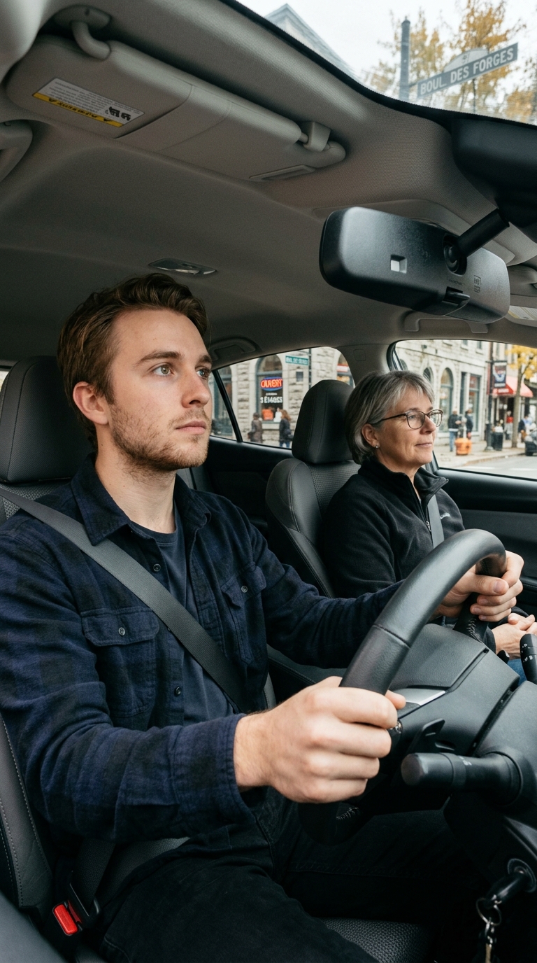 Conducteur observant dans le rétroviseur avec vigilance et maîtrise
